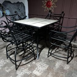 Tall Tile Top Table & 4 Tall Metal Swivel Chairs