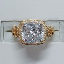 Square Cushion Cut Diamond Simulant Halo 18K Yellow Gold Over Sterling Silver Ring (NWT)