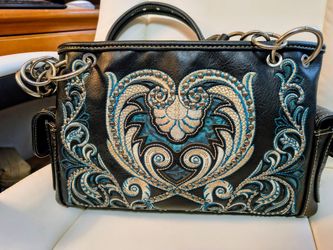 Montana West Black leather handbag with blue and beige embroidered paisley design with silver studs