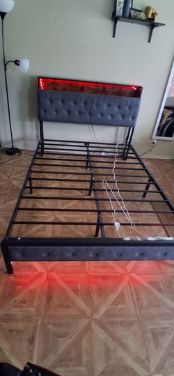 Metal Bed Frame with LED Tufted Headboard