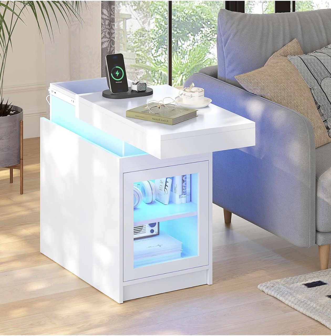 Modern End Table with RGB LED Lights, Storage, and Charging Ports