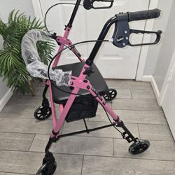 Carex Step 'N Rest Aluminum Rolling Walker For Seniors, Pink - Rollator Walker With Seat , Andador