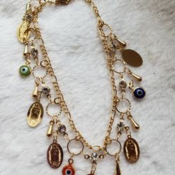 La Virgen De Guadalupe With Multi Color Evil Eye Ankle Bracelet 