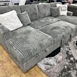 smoke corduroy 3-Piece Convertible Sectional
Sleeper Sofa & 2 Chaise Storage
