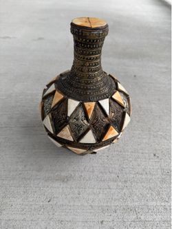 Vintage Moroccan Brass & Bone Inlaid Vase Handmade Etched Metal Bohemian Decor 10.5”