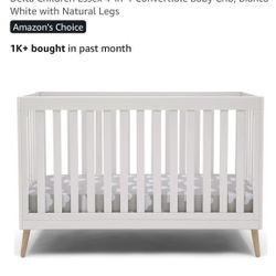 (Never Used) Crib+Mattress+MattressCover - Delta Children Essex 4-in-1 Convertible Baby Crib, Bianca White with Natural Legs