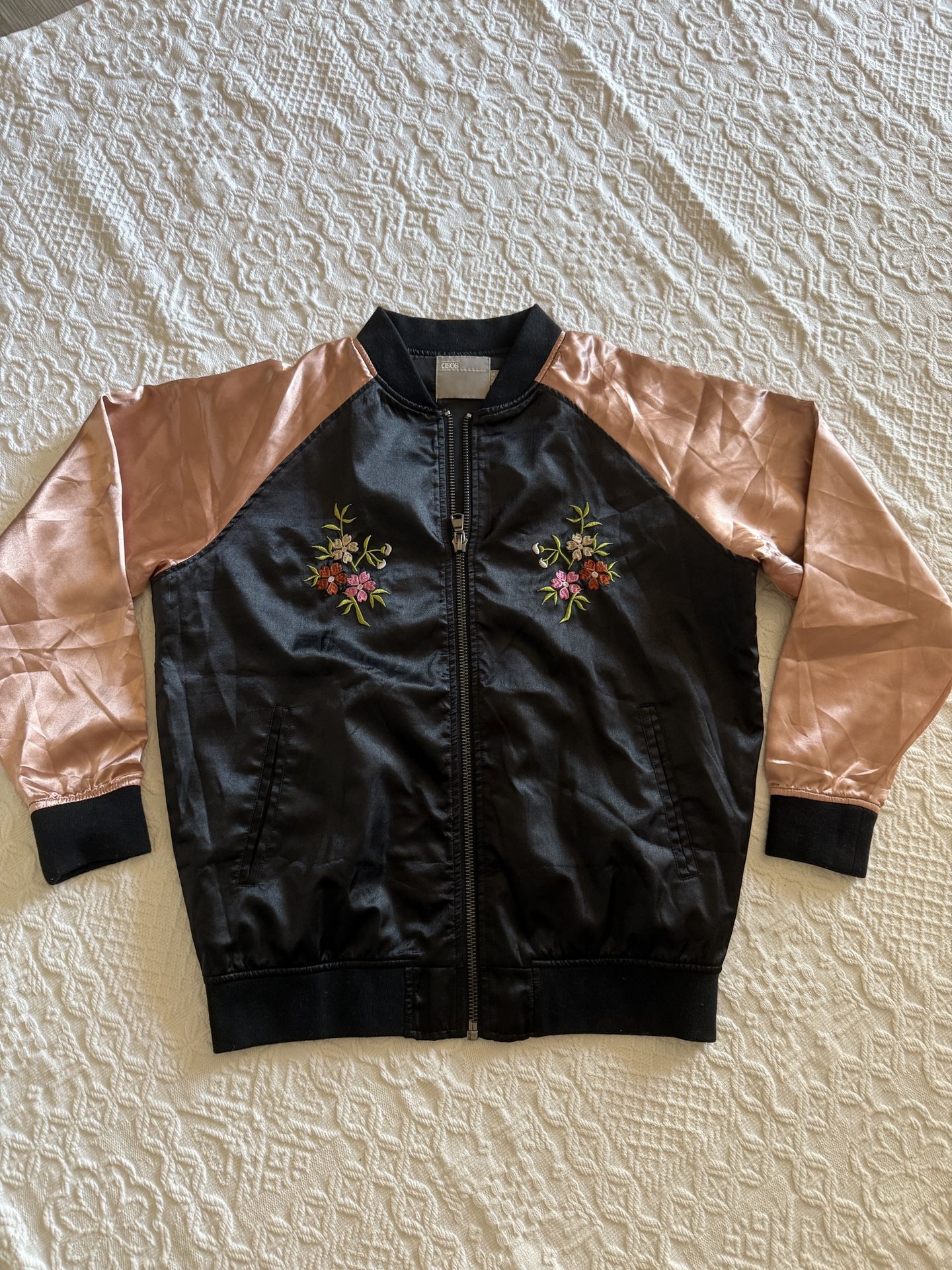 Cisos Black Pink Floral Graphic Embroidered Full Zip Bomber Jacket Size 6