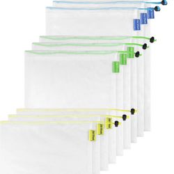 Reusable Mesh Produce Bags Eco Friendly See Through Washable with Tare Weight on Tags Set of 9 for Grocery Shopping Storage, Fruit, Vegetable, and Toy