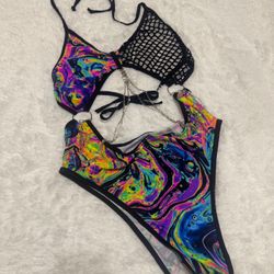 New 2xl neon tye dye chain bodysuit swimsuit festival rave outfit raver hippie