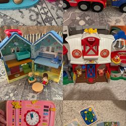 Various toddler toys, puzzles, activity book, Little people, doll house, tool box, tea set, etc