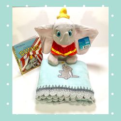 Disney Dumbo Baby Mine Teal Turquoise Crocheted Baby Blanket Plush & Book Set
