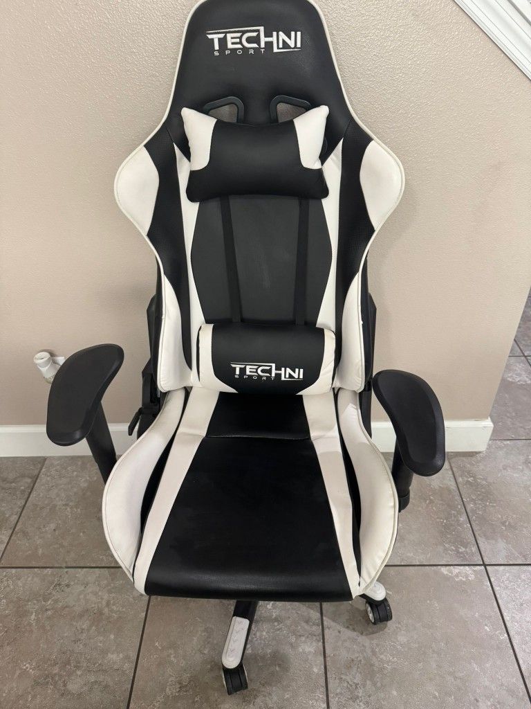 Techni Sport High Back Racing Chair with Foam Seat and Padded Arms, Reclining Gaming Chair with Height and Tilt Adjustment, White