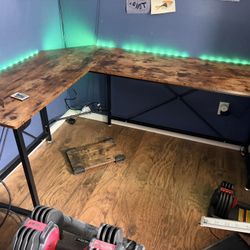L-Shaped Corner Office Desk with Color Changing Light Strip & PC Stand