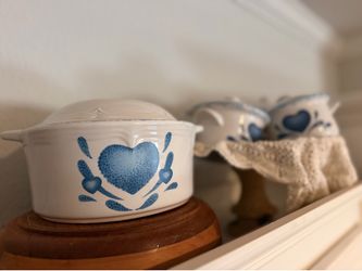 Vintage Blue Heart Stoneware Set - Large Master Crock & 4 Lidded Bowls