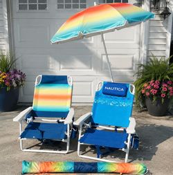 Nautica Beach/Lawn Chairs + Rainbow Umbrella – 2 Chairs