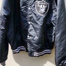 RAIDERS chalk line bomber jacket vintage 90s satin  Collection Rare Las Vegas Football Sports Team Black Grey Darkside Oakland Los Angeles Bay Area 