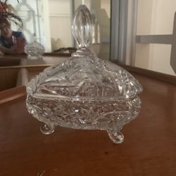 VENTAGE CUT LEAD CRYSTAL RECTANGLE FOOTED CANDY DISH. 9” TALL  X  6 1/2” X  6 1/2” TOP