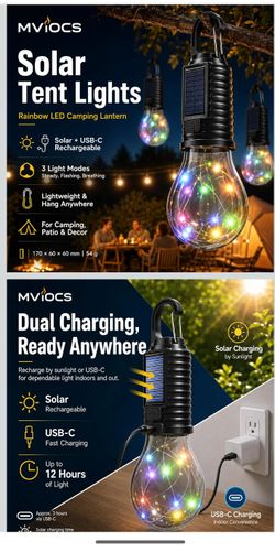 Solar Tent Lights 5 Pack, Rainbow LED Camping Lantern Bulbs, USB-C Rechargeable Hanging Lights with Clip Hook, 3 Modes Outdoor Lights for Camping, Pat