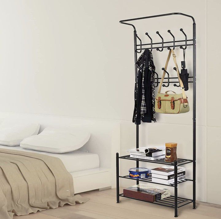 3-Tier Coat Rack w/Shoe Organizer and Storage Shelf, Industrial 3-in-1 Entryway Bench,Perfect for Small Spaces and Mudrooms, Sturdy Metal Frame, Easy 