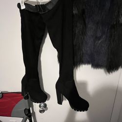 Fur Vest Black, Grey, Blue,, Size Small $35) Fur Boots Black Size 8 $45) (Knee/thigh Boots Black Suede Size 6.5..$65.. Read Description 👇🏽