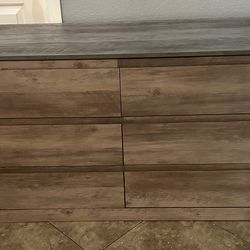 (NEW) 52” Wide Brindle 6 Drawer Gray Oak Wood Dresser