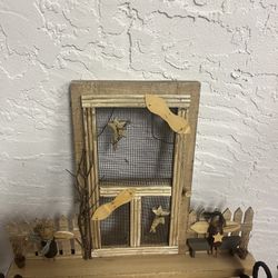 Hanging Wooden Home Decor W/3 Hangers On The Bottom For Keys, Etc. 16 inches tall by 17 1/2 inches wide.