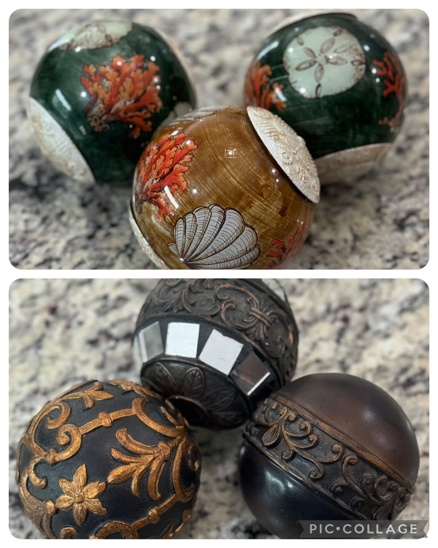 Total Of 6 Decorative Orbs Both sets for $15 Total of 6 orbs Set Of 3 decorative 4” Brown Sphere orb set (New) Set of 3 Decorative 4” Sp