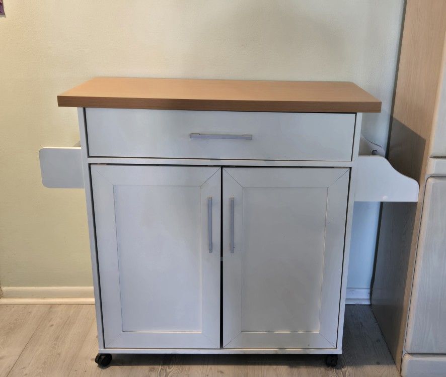 Kitchen Island, Rolling with a spice rack and towel holder.