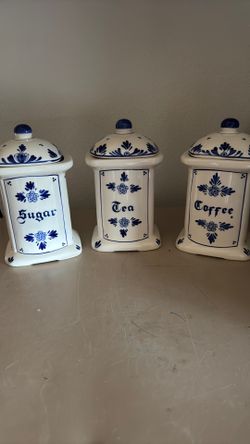 Vintage Delfit Blue ceramic canisters ( 3 piece Coffee, Tea & Sugar)
