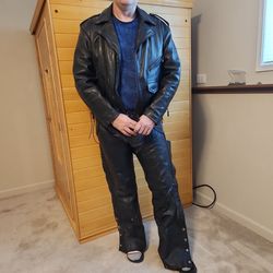 XL Leather Motorcycle Coat + Chaps – Great Condition – Priced to Sell