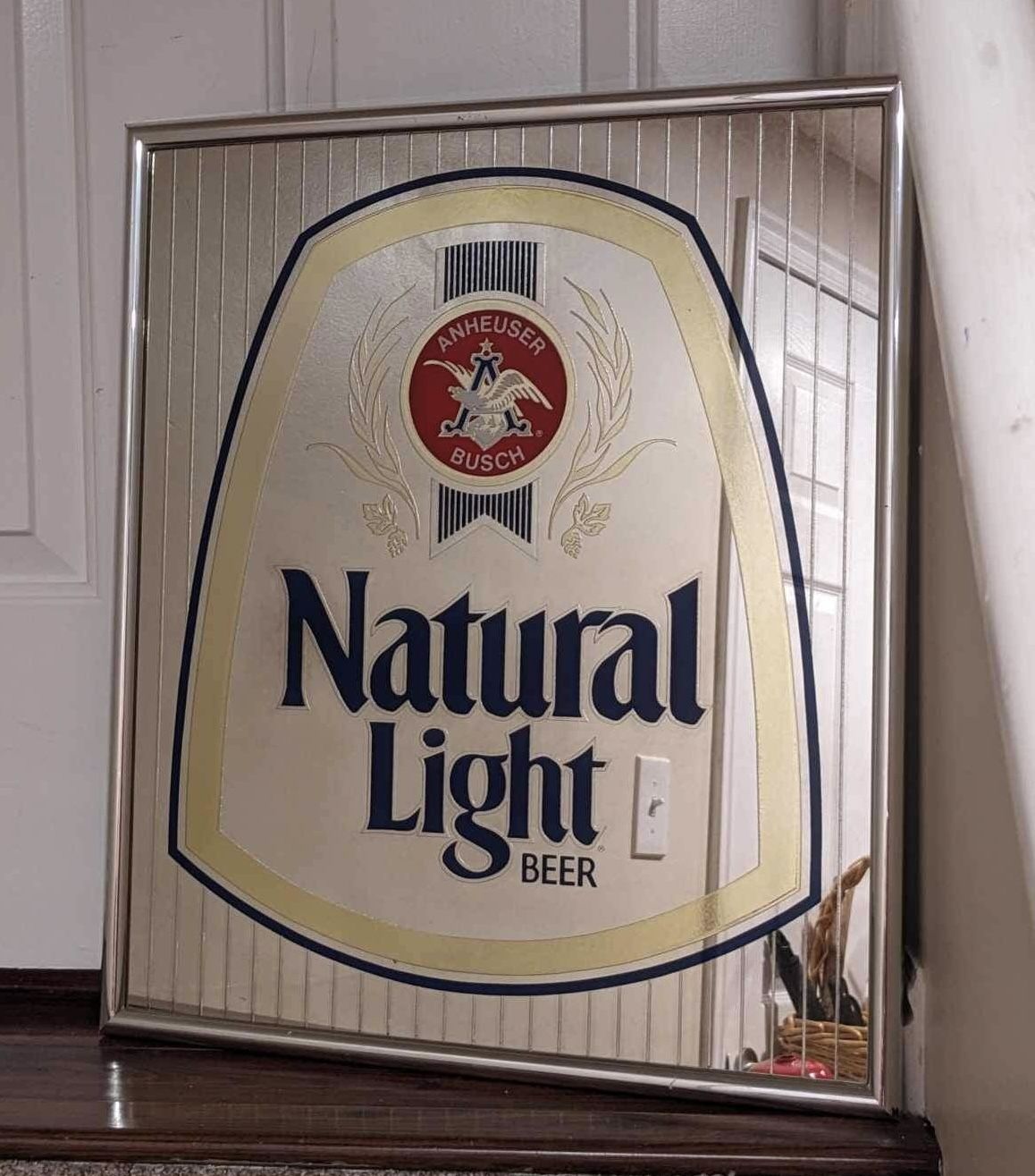 AMAZING RARE ‘NATURAL LIGHT’ VINTAGE BAR MIRROR W/ METAL FRAME!!