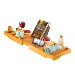 Bambüsi Luxury Bamboo Bathtub Tray Caddy - Expandable and Nonslip Bath Caddy with Book/Tablet and Wine Glass Holder - Gift for Her or Him
