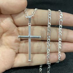 925 Sterling Silver Mens Women Plain Simple Cross Pendant Figaro Chain