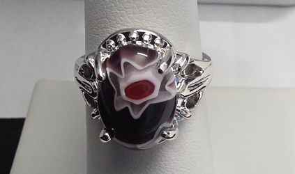 Size 7 Glass Cabochon Statement Ring Silver Tone Floral Cocktail Ring
