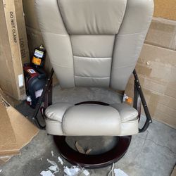32" Contemporary Leather Recliner and Ottoman with Swiveling Mahogany Wood Base