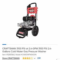 Craftsman 3100 Psi 2.4 GPM 2.4 Gallon Gas Cold Water Gas Power Washer
