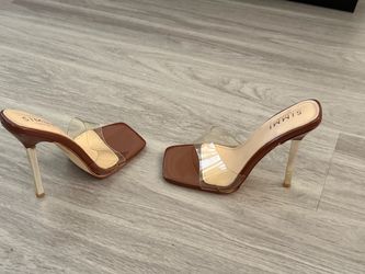 London Brown & Clear PVC Square-Toe High Heel Mules