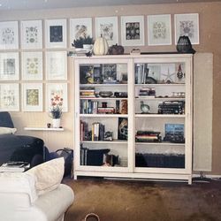 White Washed Wood Shelf With Glass Sliding Doors 