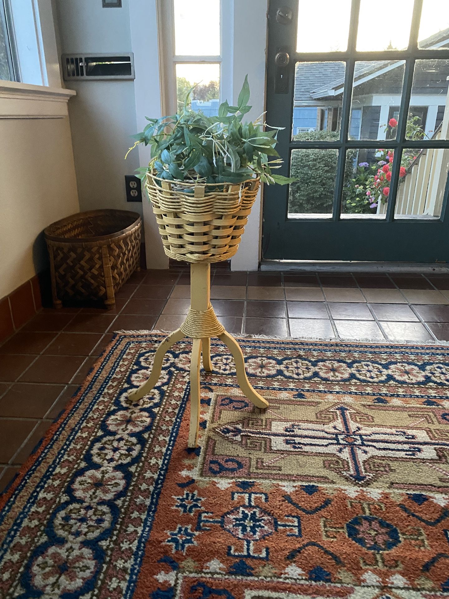 Darling Vintage Yellow Wood and Wicker Plant Stand