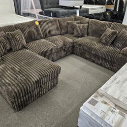 Fathers Day Sectional Corduroy Fabric Brown With Pull Out Bed & Storage Chaise $1399