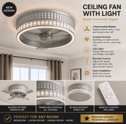 Exquisite and sleet ceiling fan with hidden blades several speeds and light options LED with remote two available brand new never used