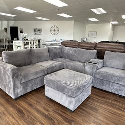 Gray Corduroy Sectional Sofa & Ottoman