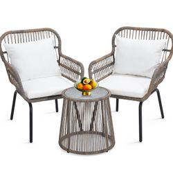 3 Pieces Rattan Wicker Bistro Set, Outdoor Conversation Set, Wicker Furniture Set with Glass Top Table, Space Saving for Balcony, Backyard, Natural