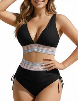 Black Two-Piece Bikini Set with Crochet Band