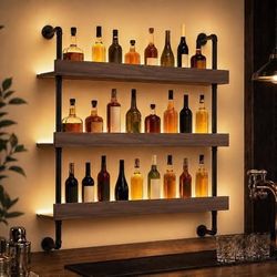 Wall Mounted Wine Rack with LED Light, 40 Inch 3-Tier Liquor Shelf
