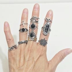 A set of 10 silver with black stone rings Ring Women's Gift