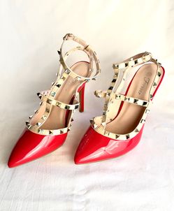 Forever Red Patent Leather Strappy Pointed Toe Studded Heels