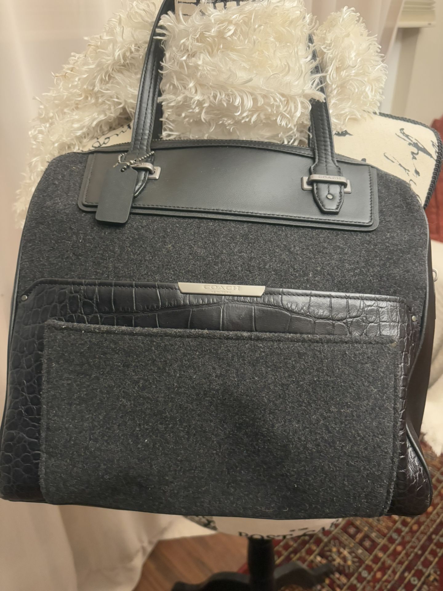 Coach Structured Satchel — Black Flannel & Leather — Brand New