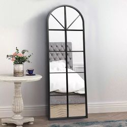 TinyTimes 65×22" Arched Window Finished Full Length Mirror, Wall Mirror, Metal Frame, Home Decor Mirror, Windowpane Mirror, Wall Mounted or Leaning, N