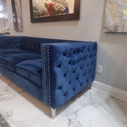 Blue Velvet Couch Sofa Armchair Grey